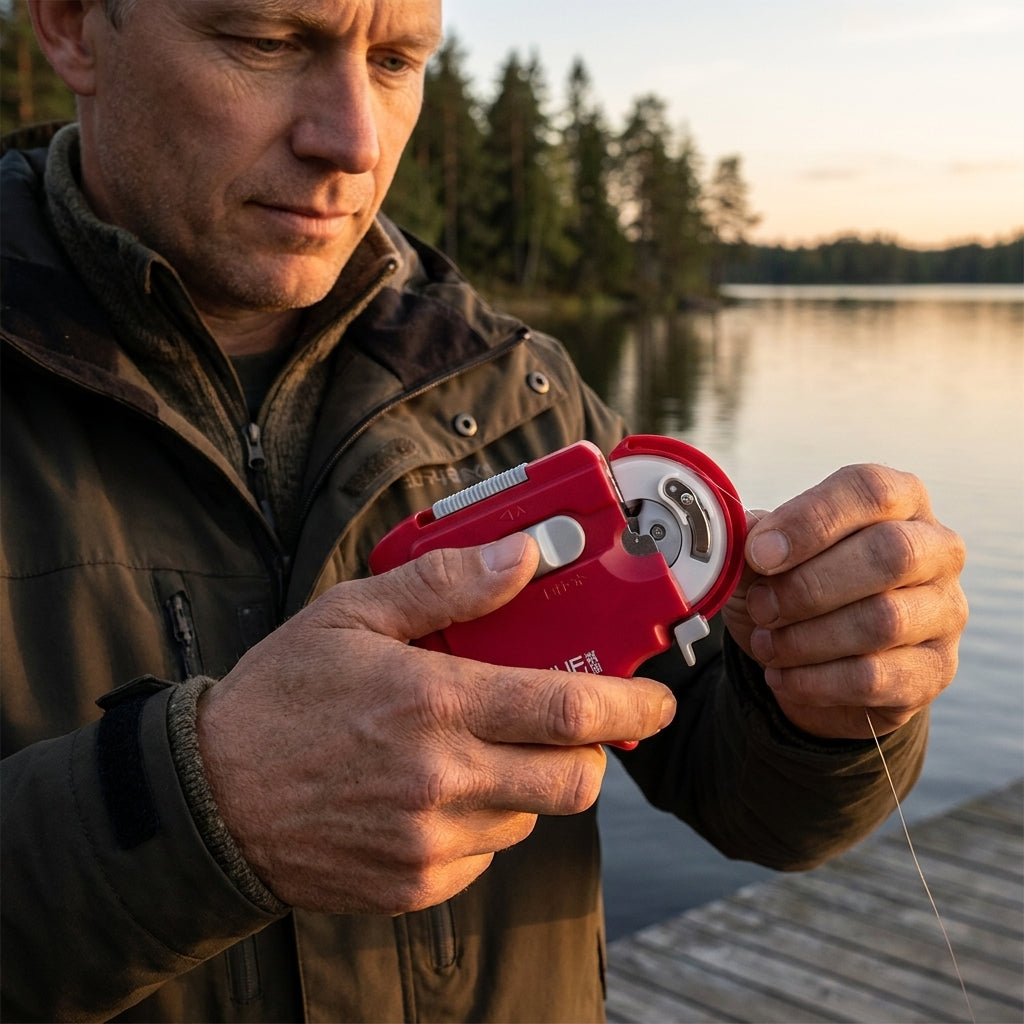 Bärbar elektrisk fiskekrokbindningsanordning